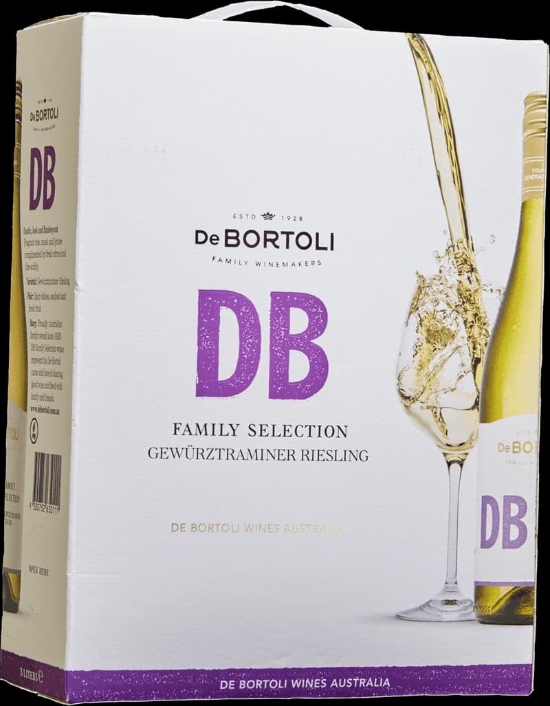Flaska av De Bortoli vitt vin mot ljus bakgrund