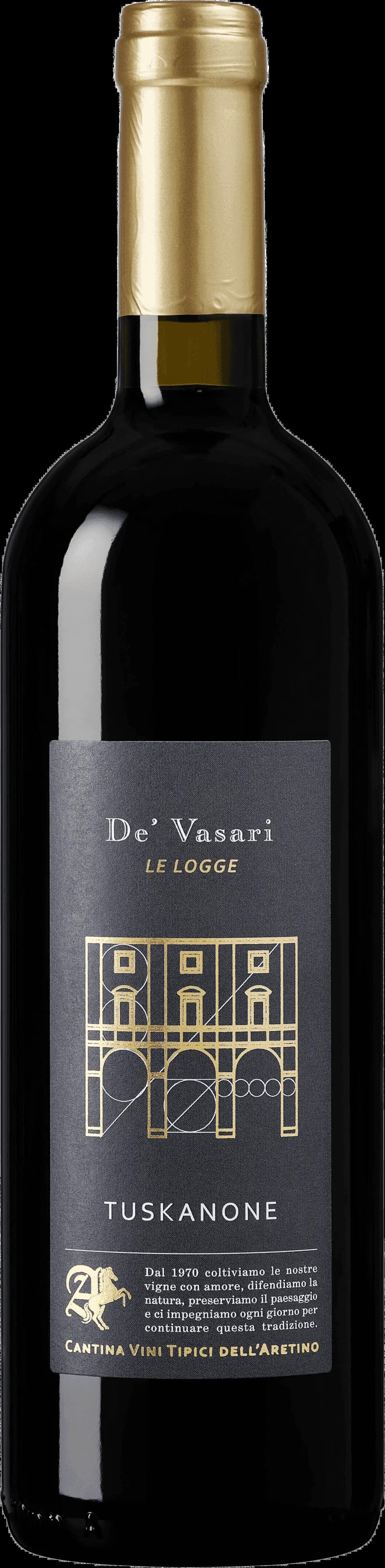 Flaska av rött vin från De Vasari med etikett.