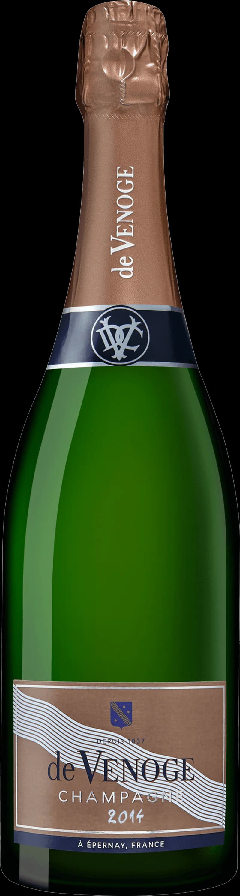Flaska av De Venoge mousserande vin mot en neutral bakgrund.