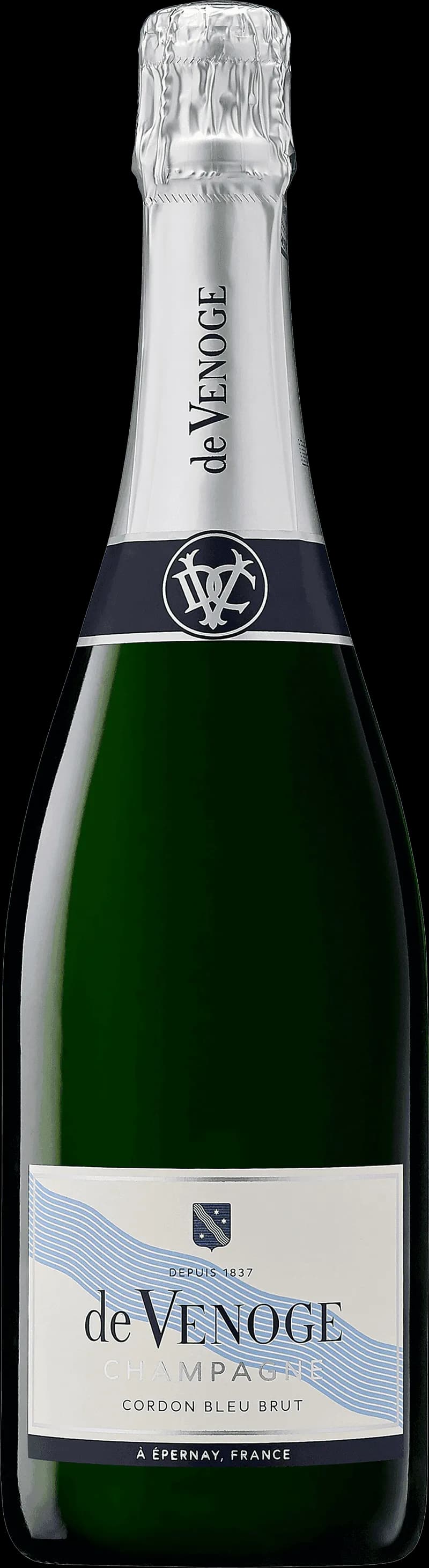 Flaska med De Venoge mousserande vin mot mörk bakgrund