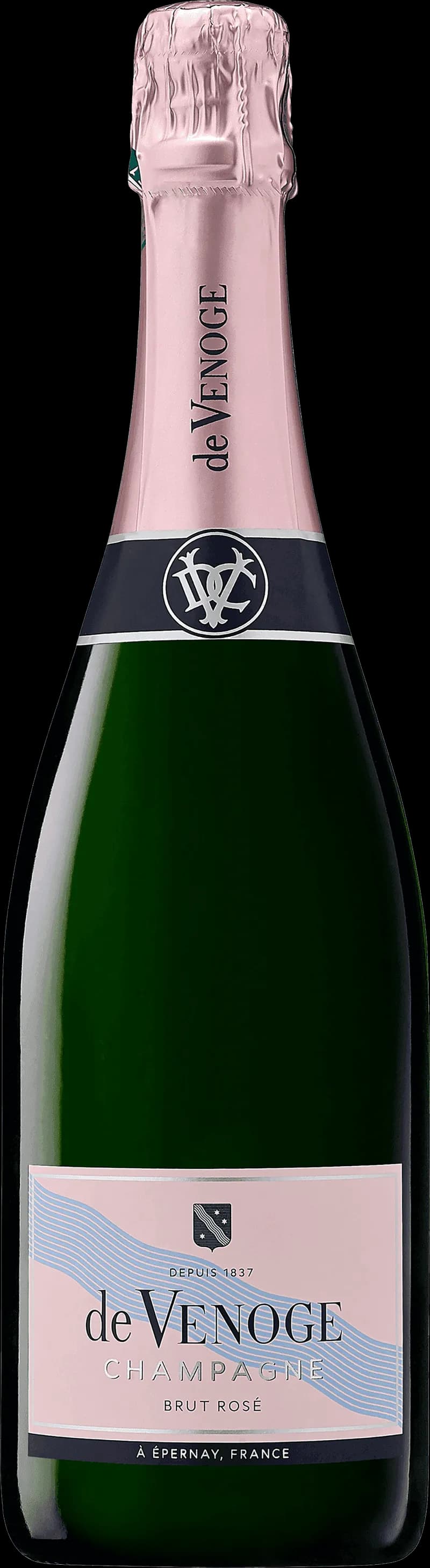 Flaska med De Venoge mousserande vin mot ljus bakgrund.