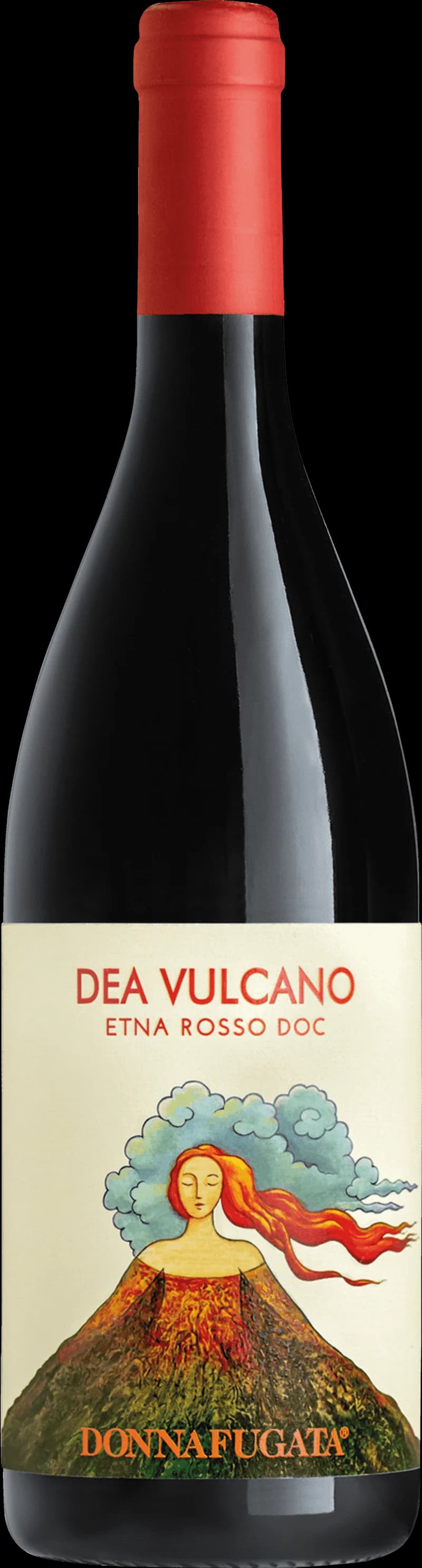 Flaska av rött vin Dea Vulcano mot mörk bakgrund
