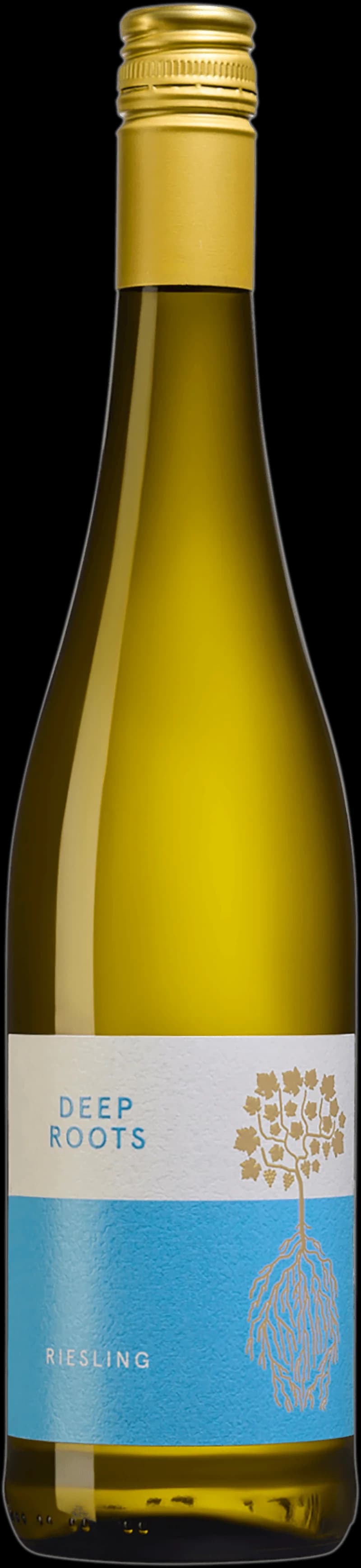 Flaska av Deep Roots vitt vin 2016 mot en neutral bakgrund.