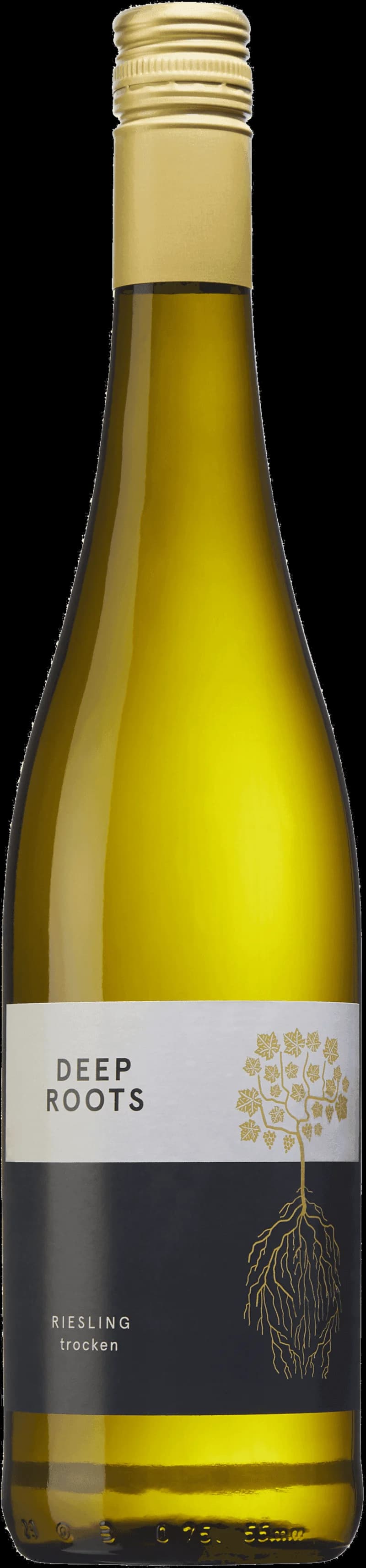 Flaska Deep Roots vitt vin mot en rustik bakgrund med druvklasarna i fokus.