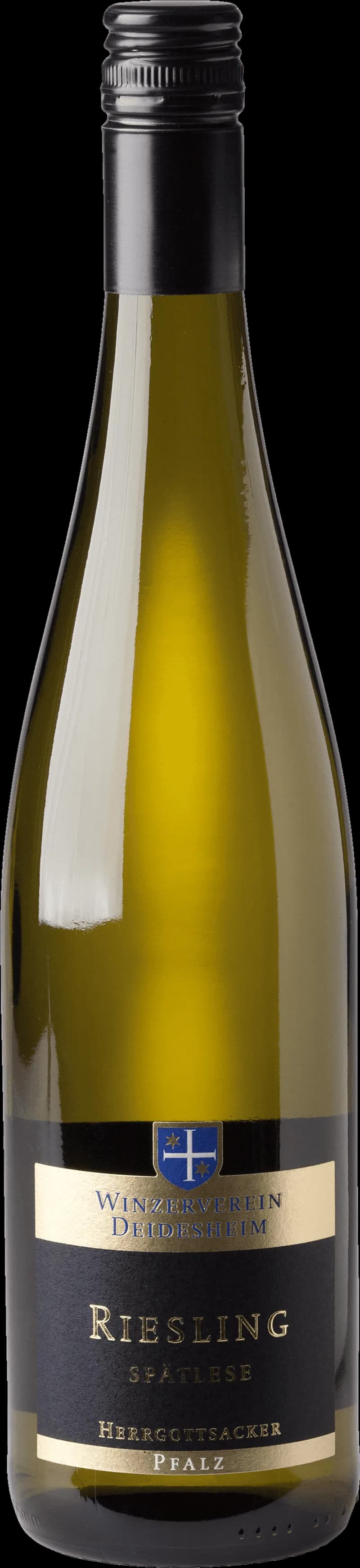Flaska Deidesheimer Herrgottsacker vitt vin mot en neutral bakgrund.
