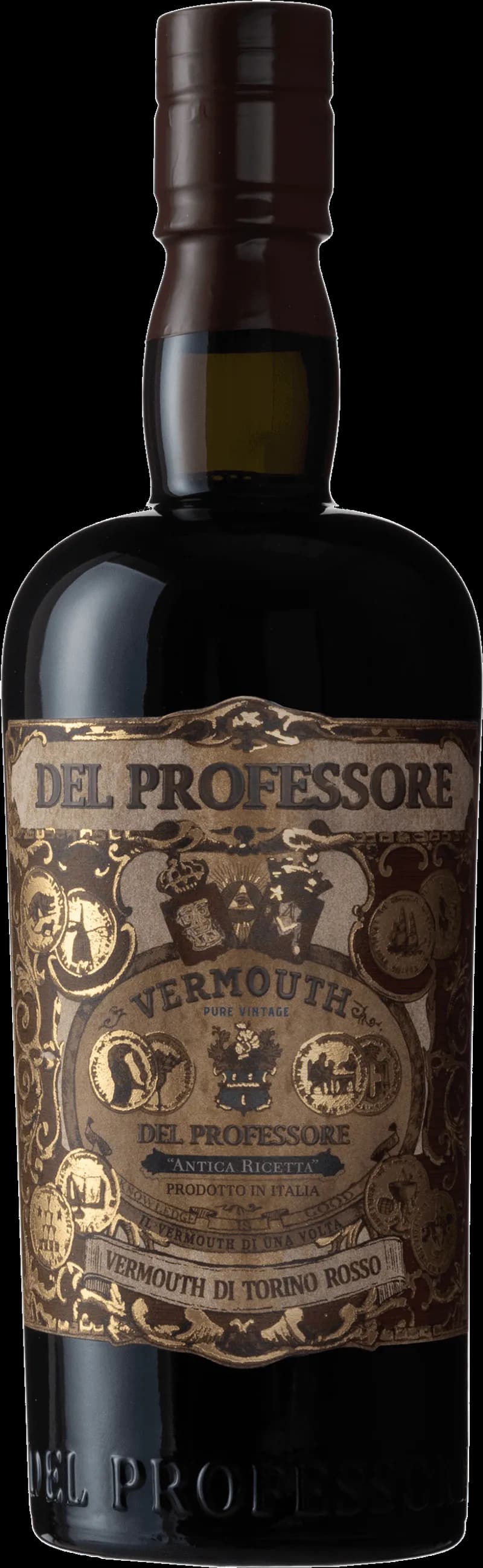 Flaska Del Professore Vermouth mot en mörk bakgrund.