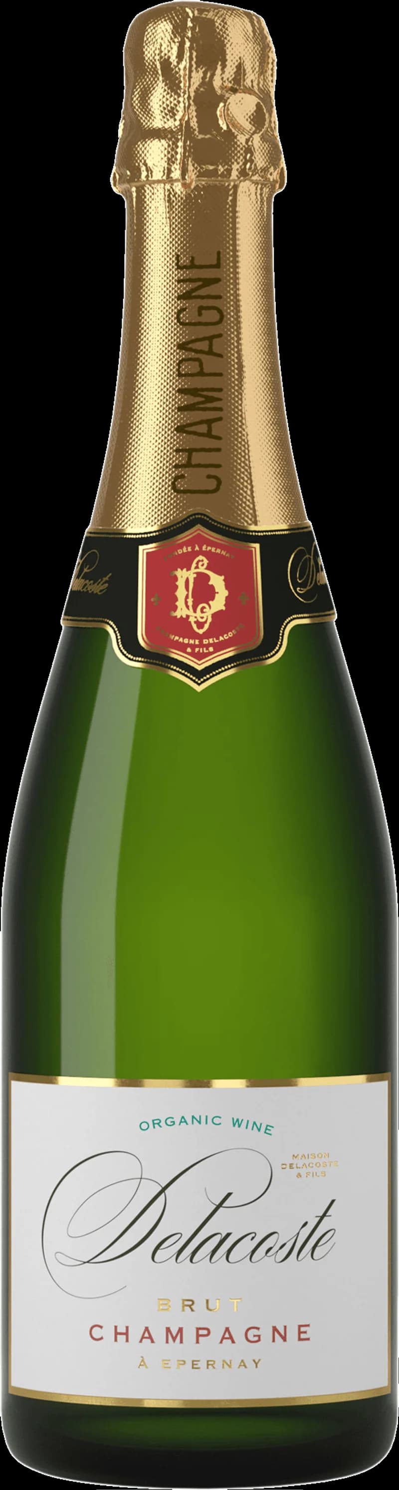 Flaska med Delacoste mousserande vin mot en mörk bakgrund.