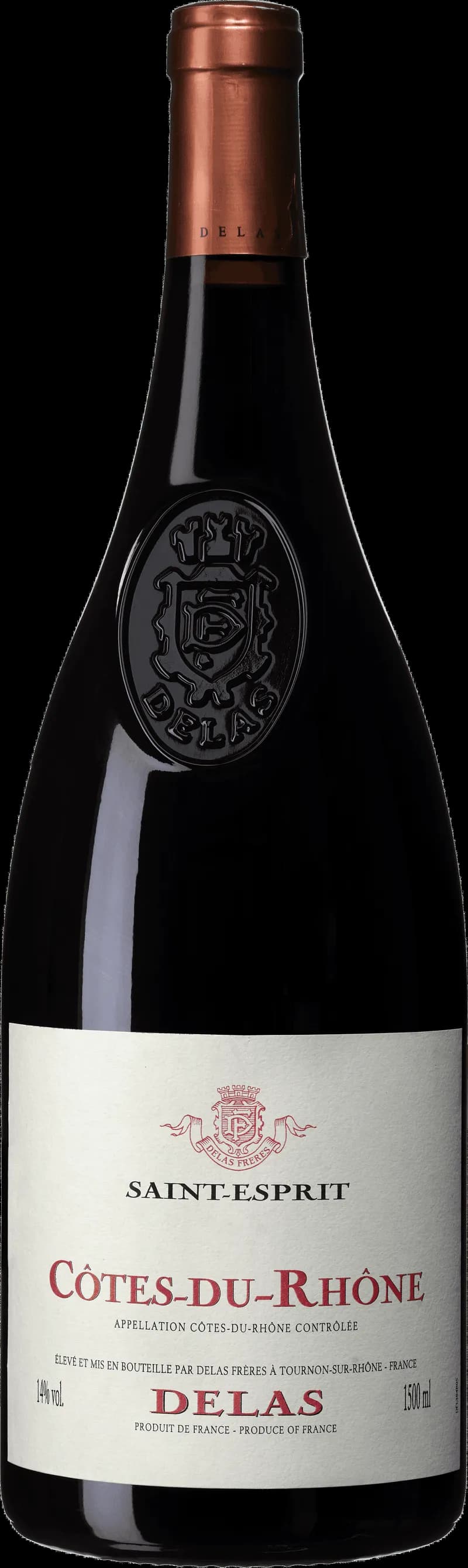 Flaska och glas med rött vin från Delas Frères