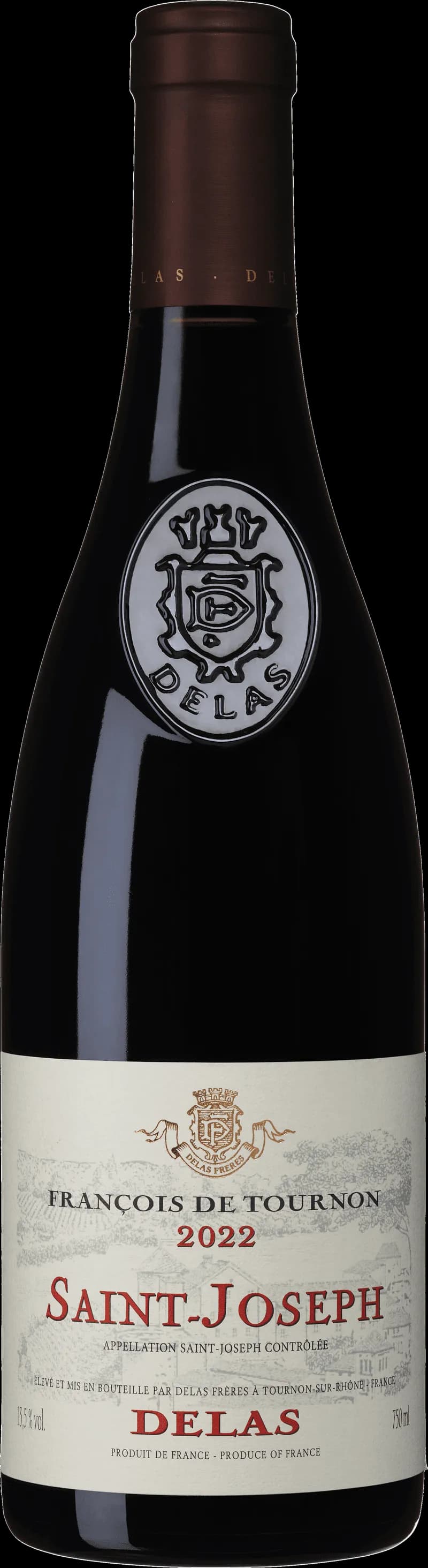 Flaska av Delas Frères Saint-Rott vin mot en mörk bakgrund.
