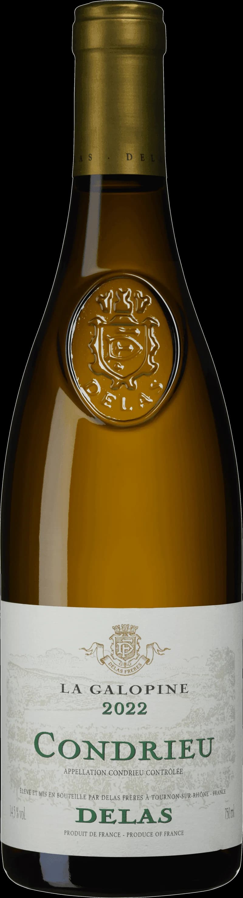 Flaska och glas med vitt vin från Delas Frères