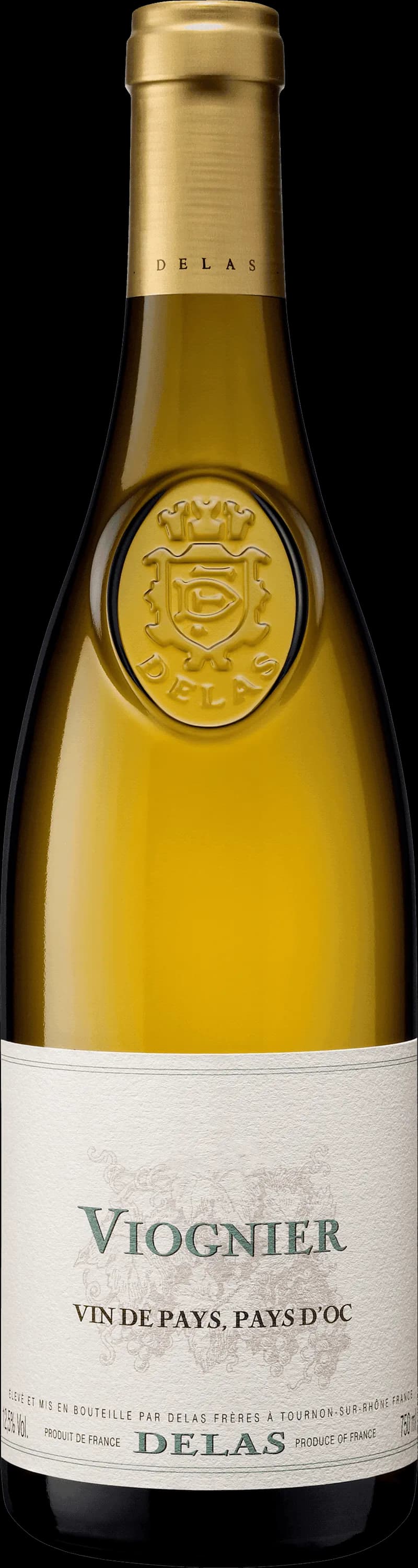 Flaska och glas med vitt vin från Delas Frères
