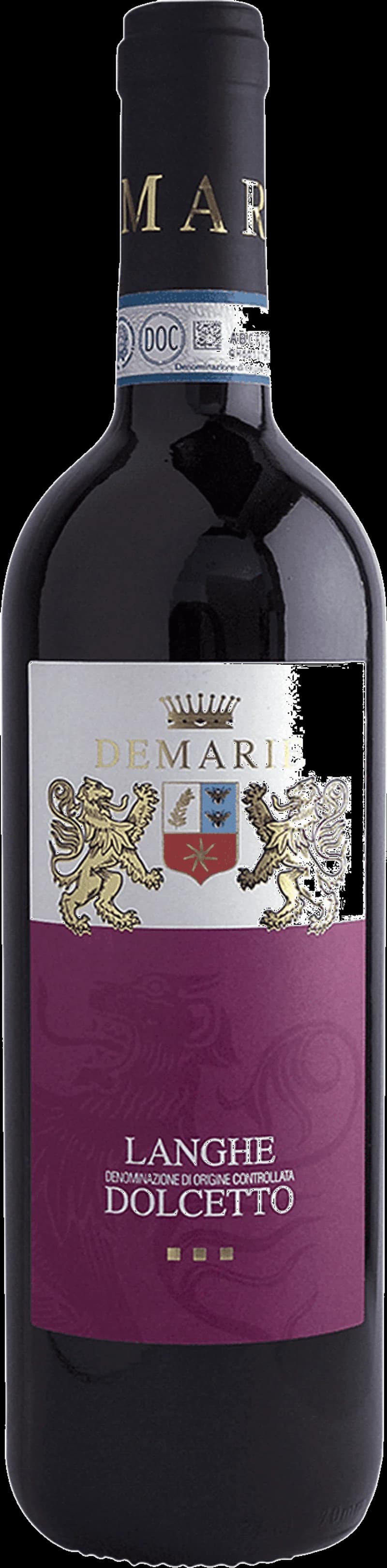 Flaska av Demarie rött vin mot neutral bakgrund.