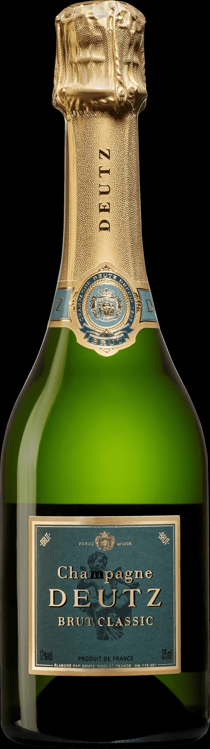 Flaska av mousserande vin från Deutz mot en mörk bakgrund.