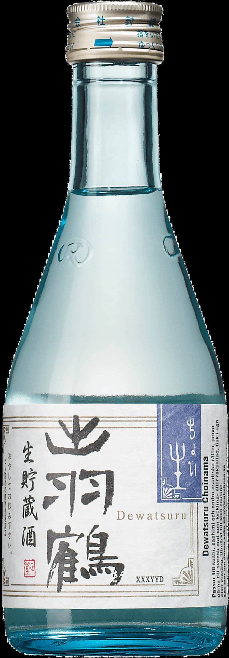 Flaska med Dewatsuru Choinama sake mot ljus bakgrund.