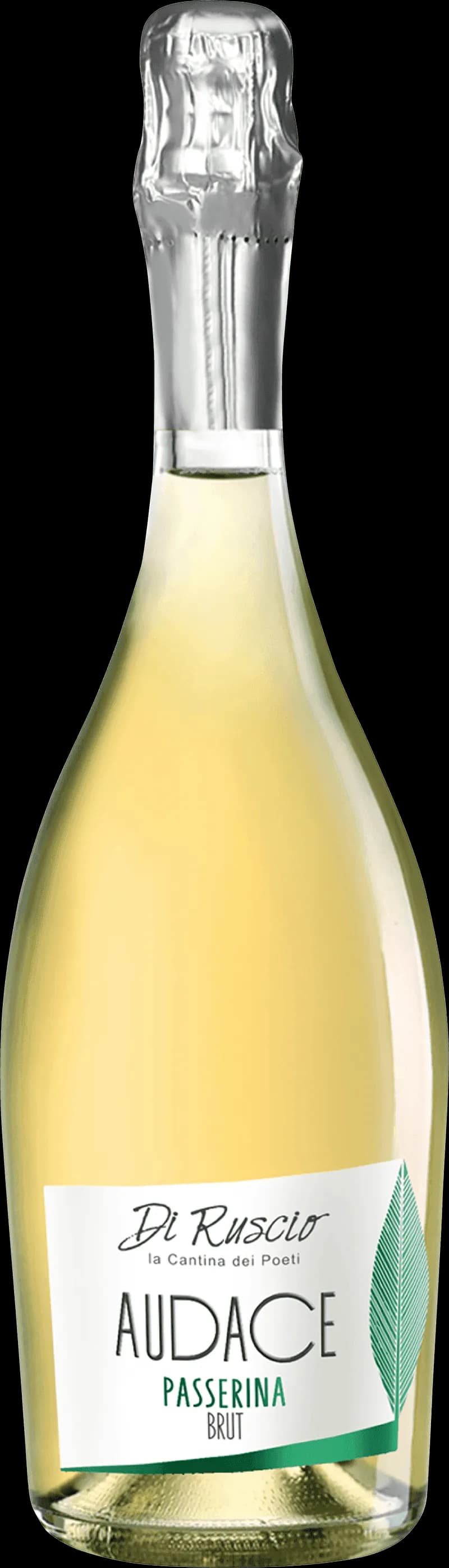 Flaska av Di Ruscio Audace mousserande vin mot ljus bakgrund