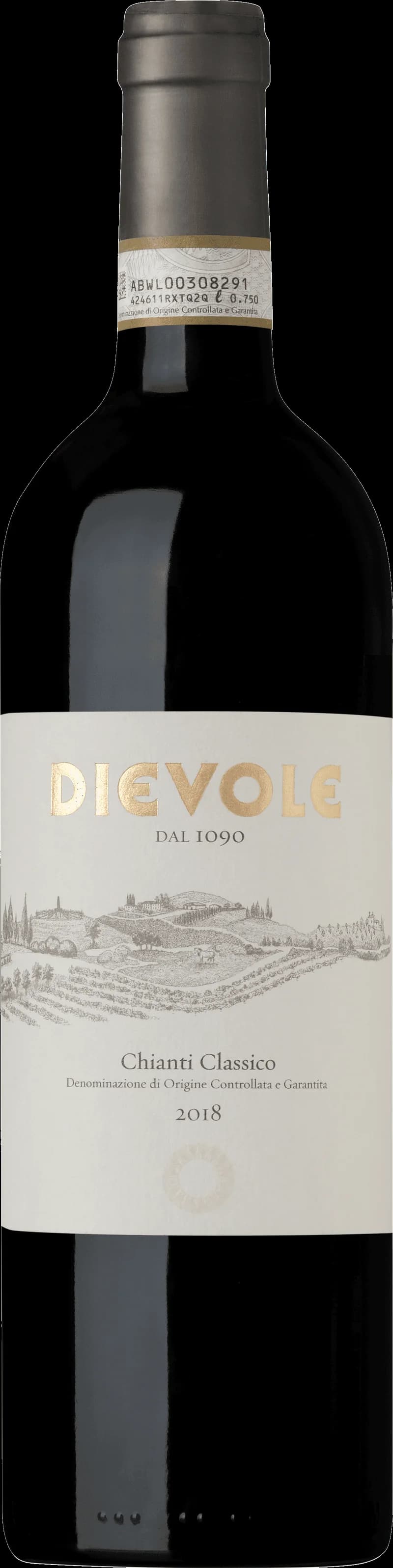 Flaska av Dievole rött vin på en bordsservering.