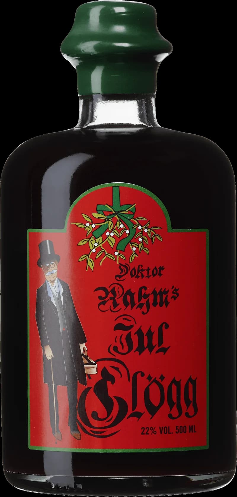 Flaskor med Doktor Rahms glögg och glühwein på ett bord.