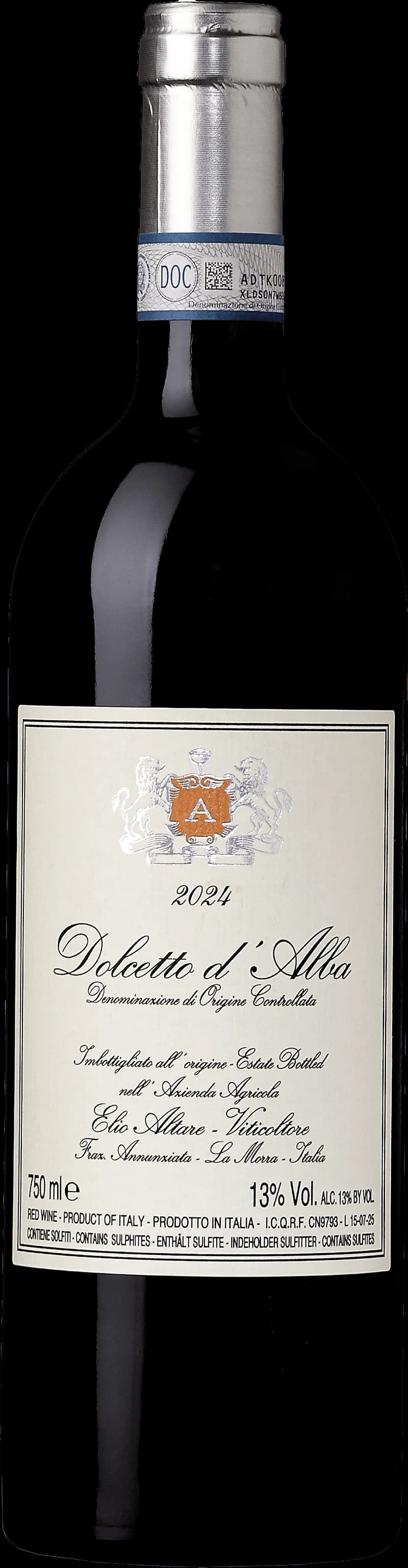 Flaska Dolcetto d'Alba rött vin mot neutral bakgrund