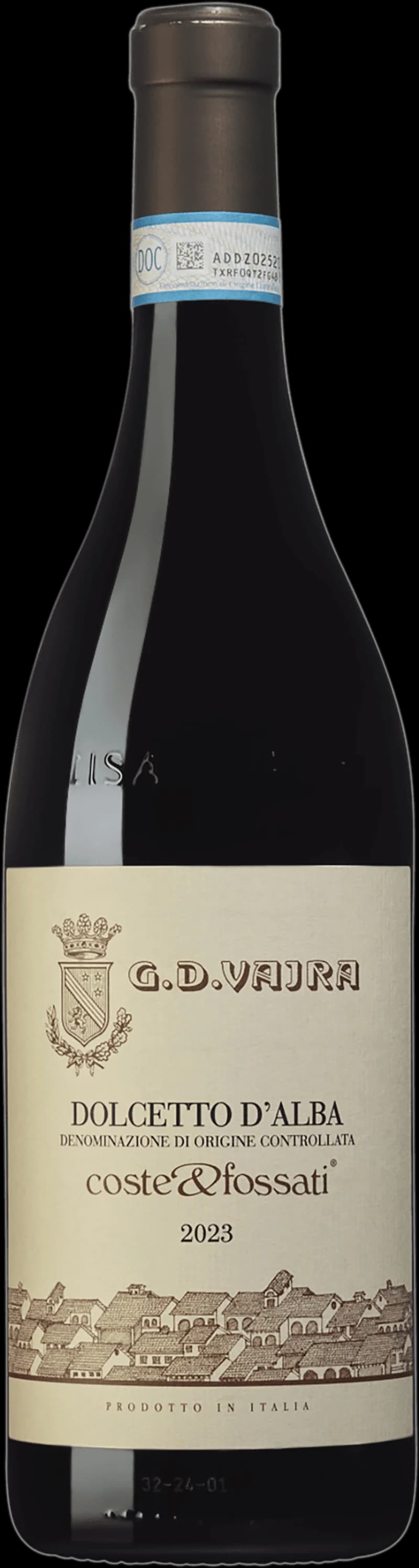 Flaska Dolcetto d'Alba rött vin mot neutral bakgrund