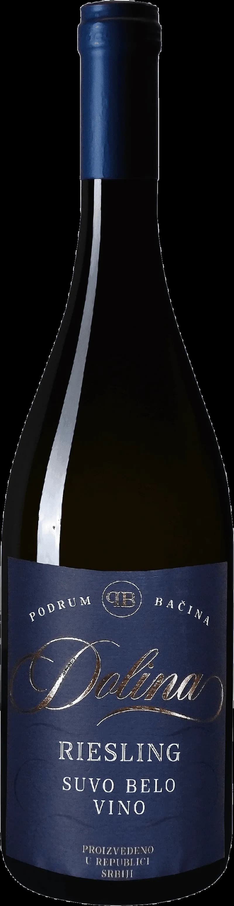 Flaska Dolina Riesling vitt vin mot ljus bakgrund.