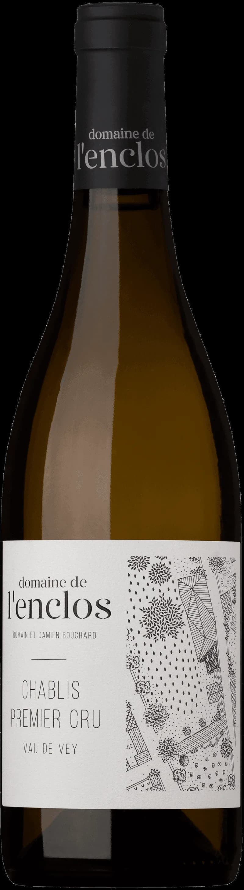Flaska av Domaine de l'Enclos vitt vin mot en neutral bakgrund.