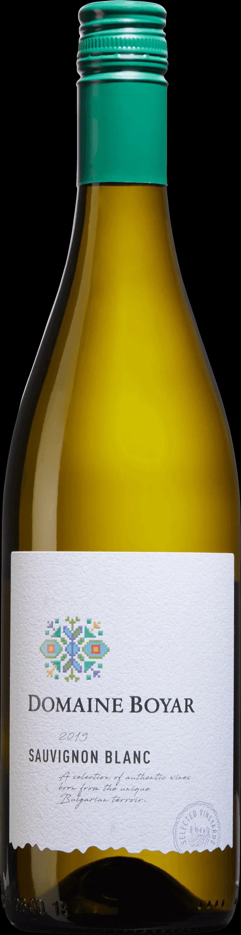 Flaska av Domaine Boyar vitt vin mot en neutral bakgrund.