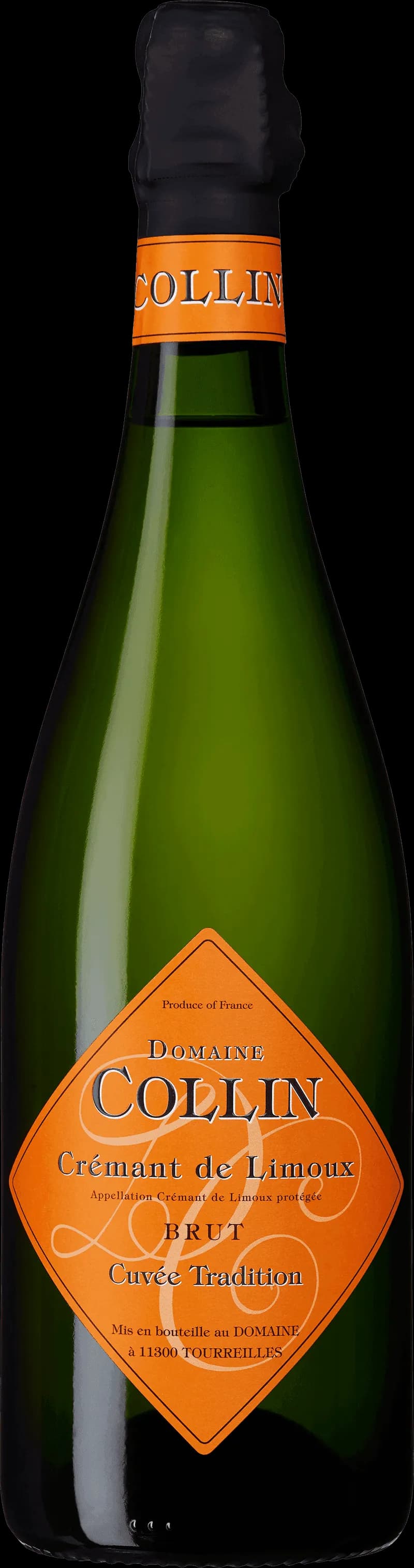 Flaska från Domaine Collin med mousserande vin, detaljerad etikett.