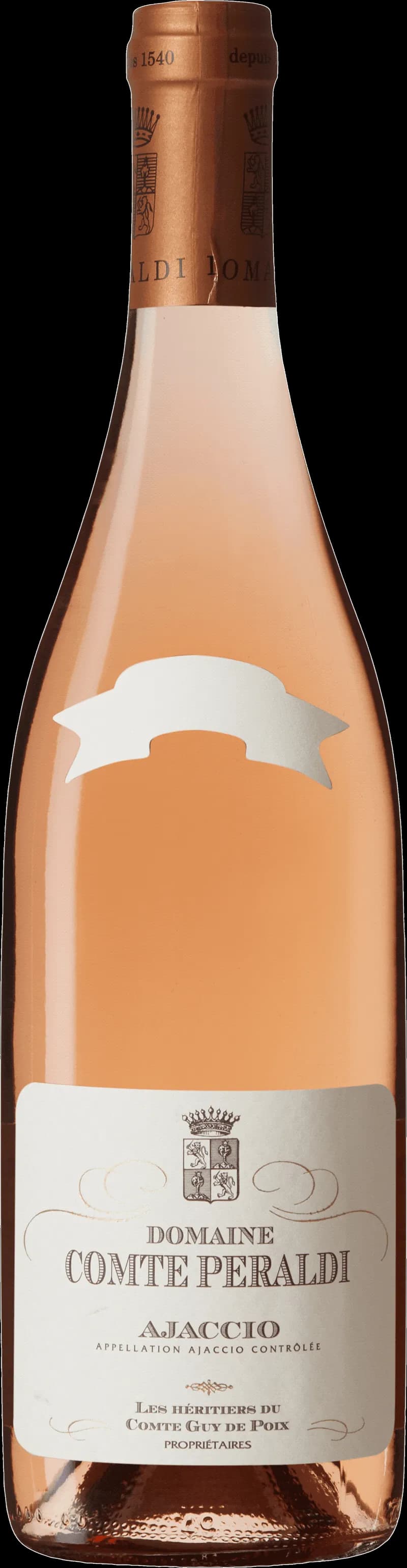 Flaska med Domaine Comte Peraldi rosévin mot en ljus bakgrund.
