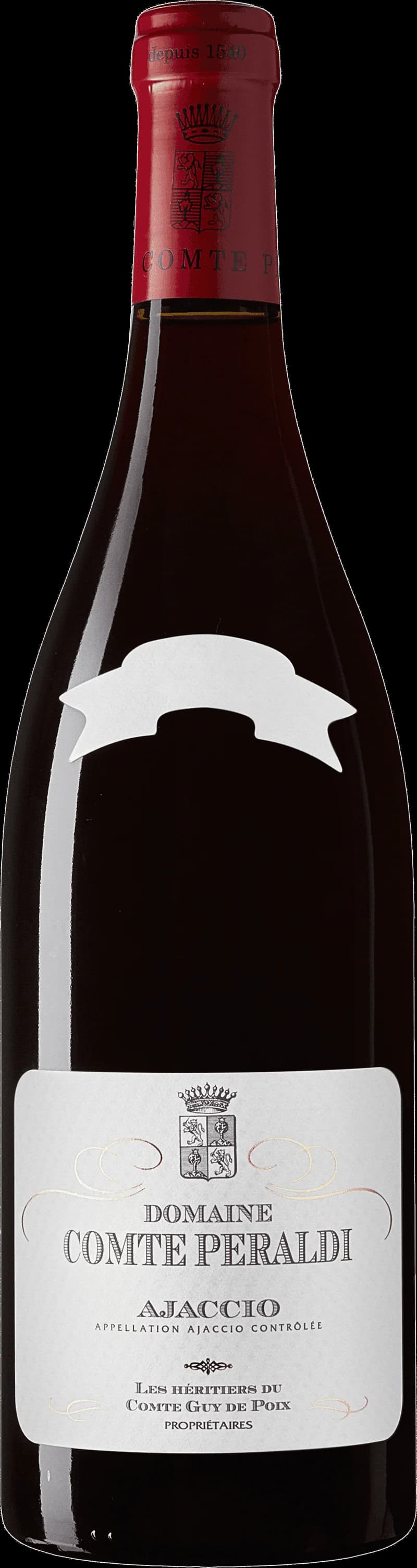 Flaska av rött vin från Domaine Comte Peraldi på en bordsservering.