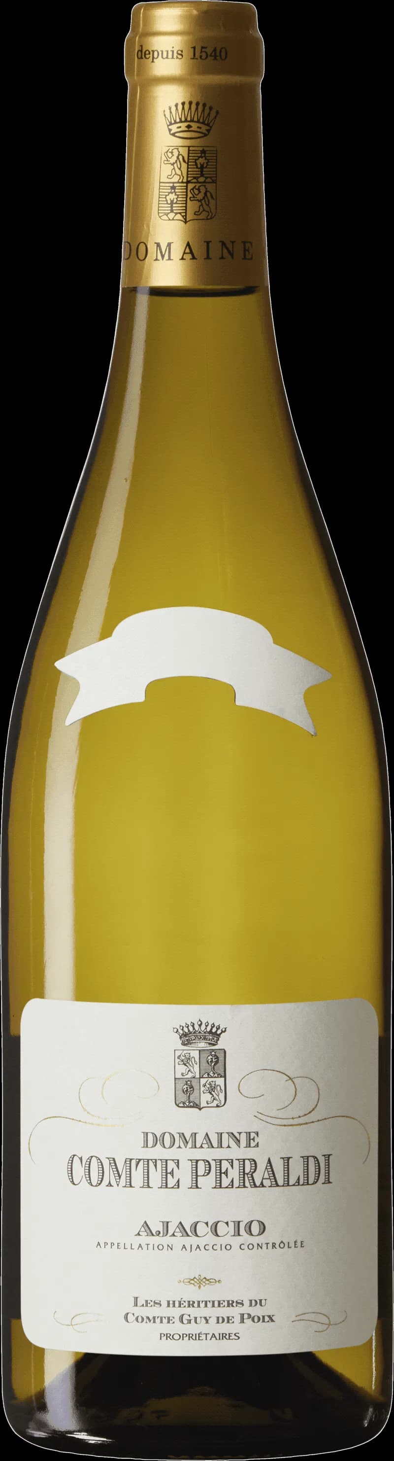 Flaska av vitt vin från Domaine Comte Peraldi på Korsika.
