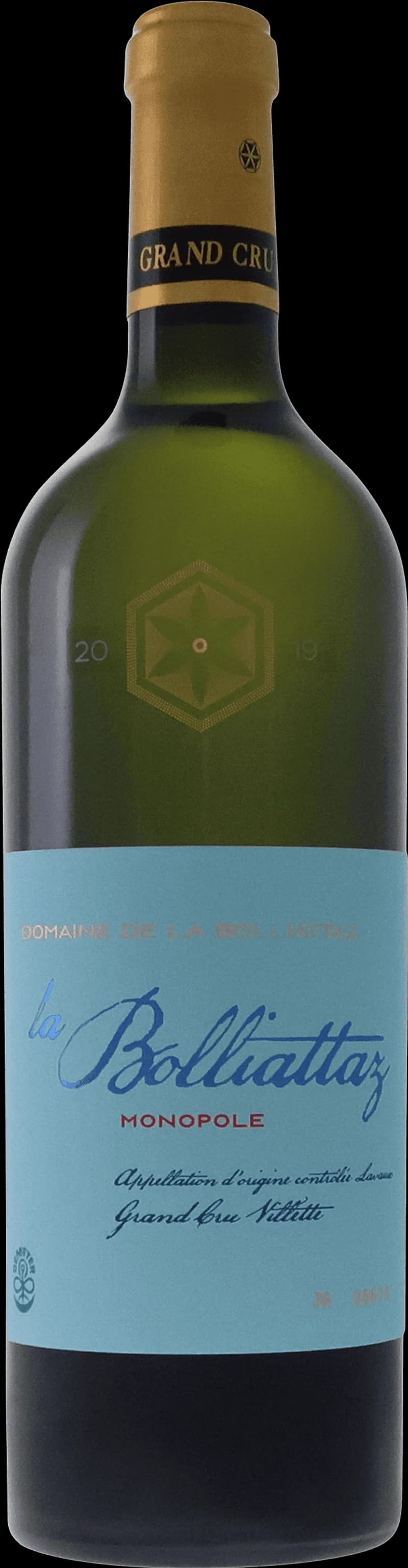 Flaska Domaine de la Bolliattaz vitt vin mot ljus bakgrund