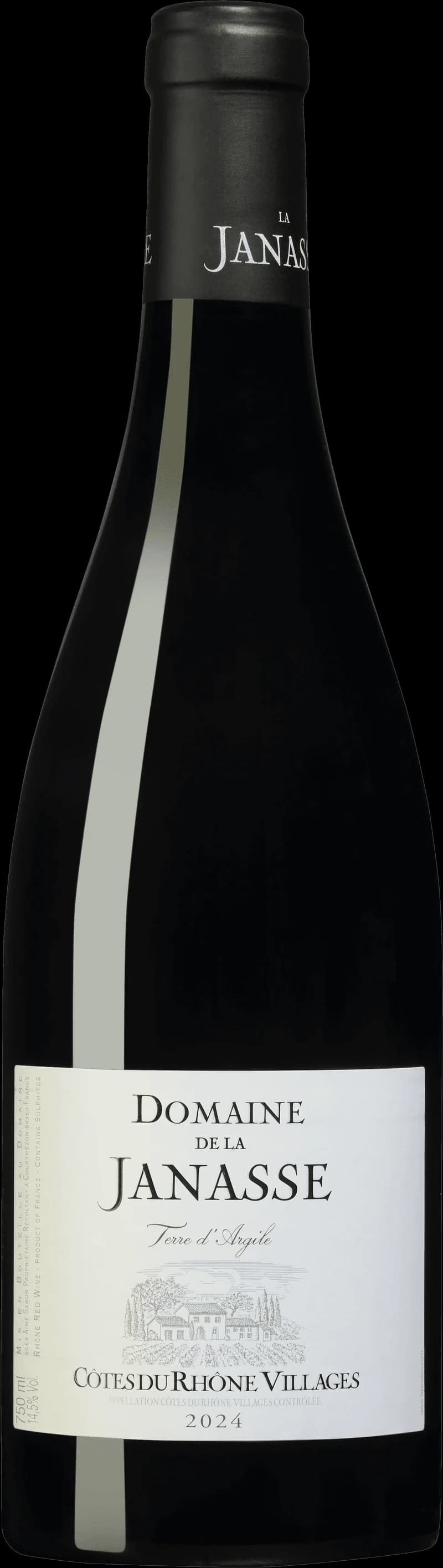 Flaska av Domaine de la Janasse rött vin mot en mörk bakgrund