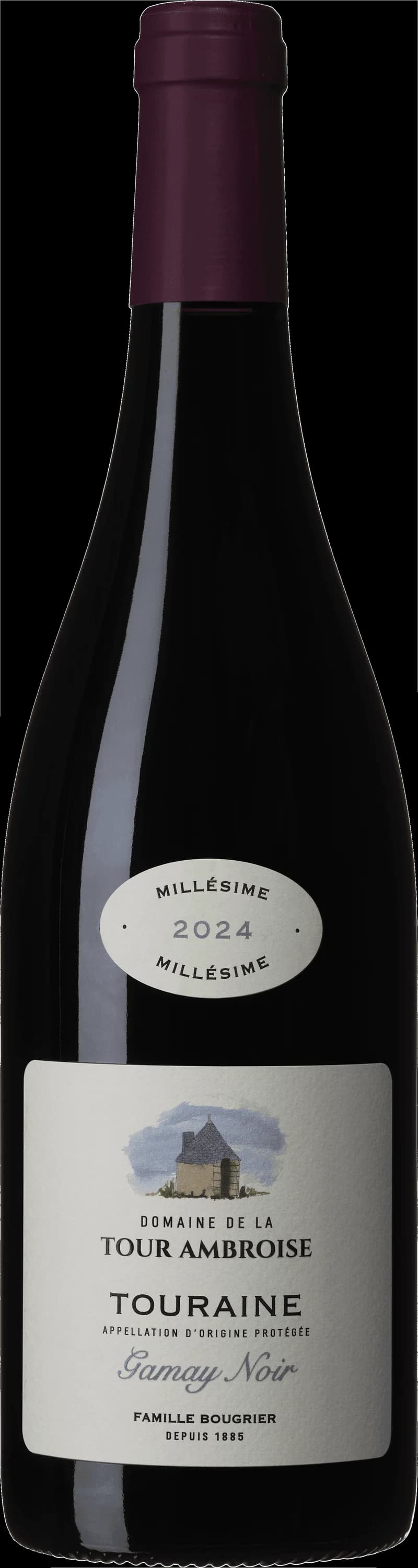 Flaska av Domaine de la Tour Ambroise rött vin mot en mörk bakgrund.