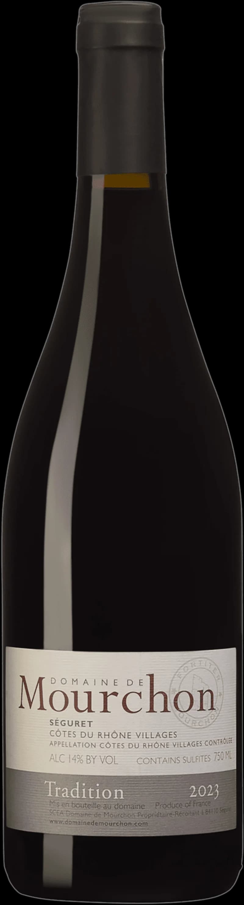 Flaska av Domaine de Mourchon rött vin mot en neutral bakgrund.