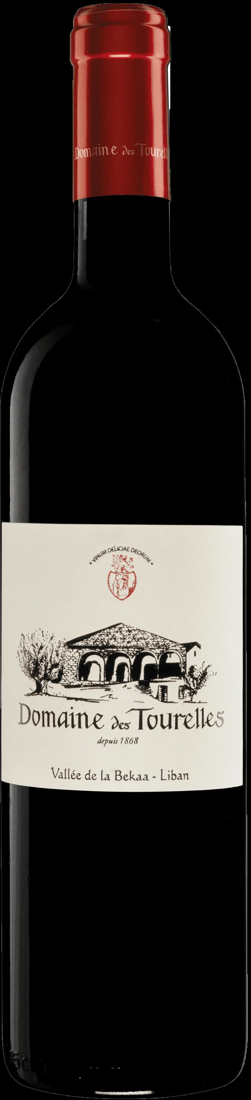 Flaska av Domaine des Tourelles rött vin mot en neutral bakgrund.