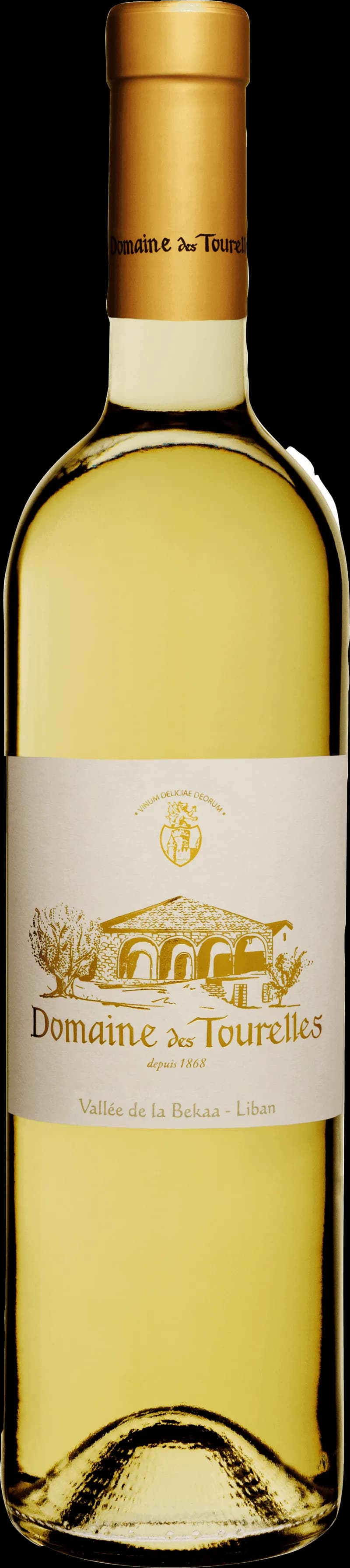 Flaska av Domaine des Tourelles vitt vin mot en neutral bakgrund.