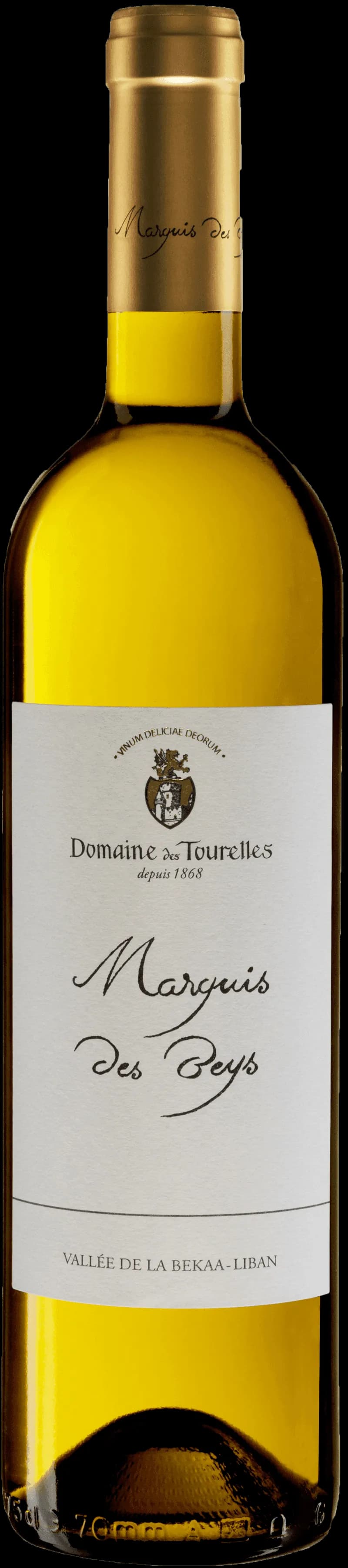 Flaska av Domaine des Tourelles vitt vin mot en neutral bakgrund.