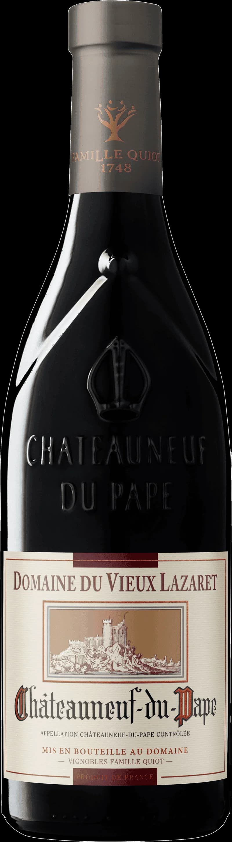 Flaska av Domaine du Vieux Lazaret rött vin mot en neutral bakgrund.