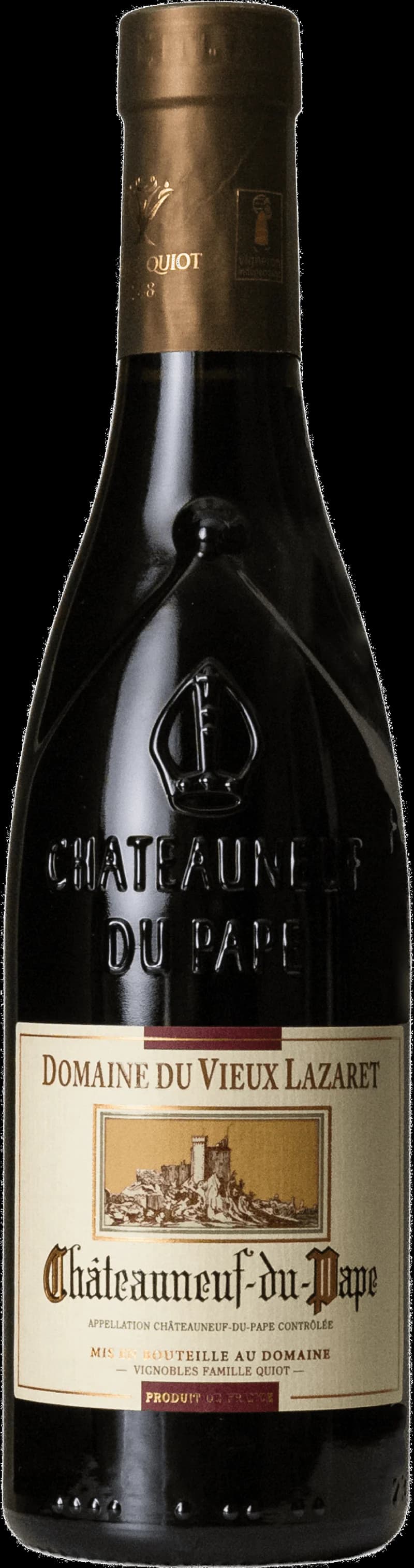 Flaska av Domaine du Vieux Lazaret rött vin mot en neutral bakgrund.