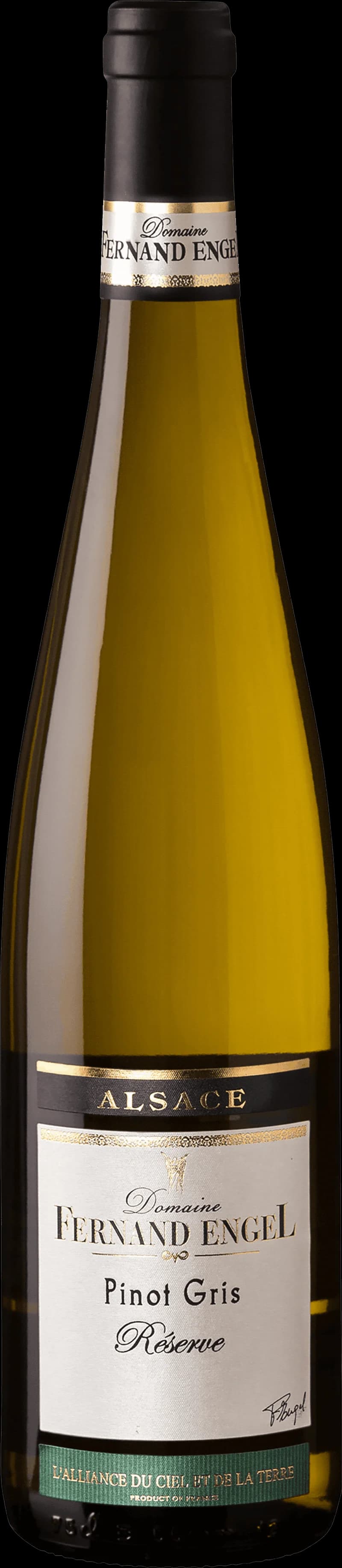 Flaska av vitt vin från Domaine Fernand Engel, ett elegant och fruktigt vin från Alsace.