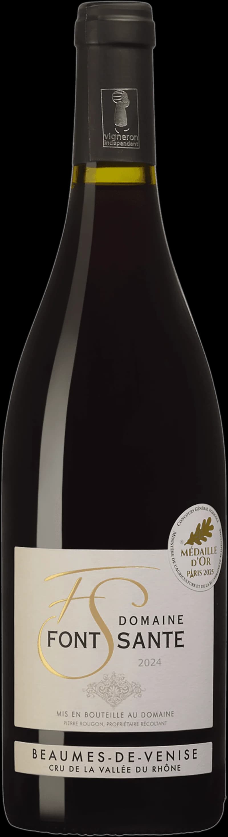 Flaska rött vin från Domaine Font Santé på vit bakgrund.