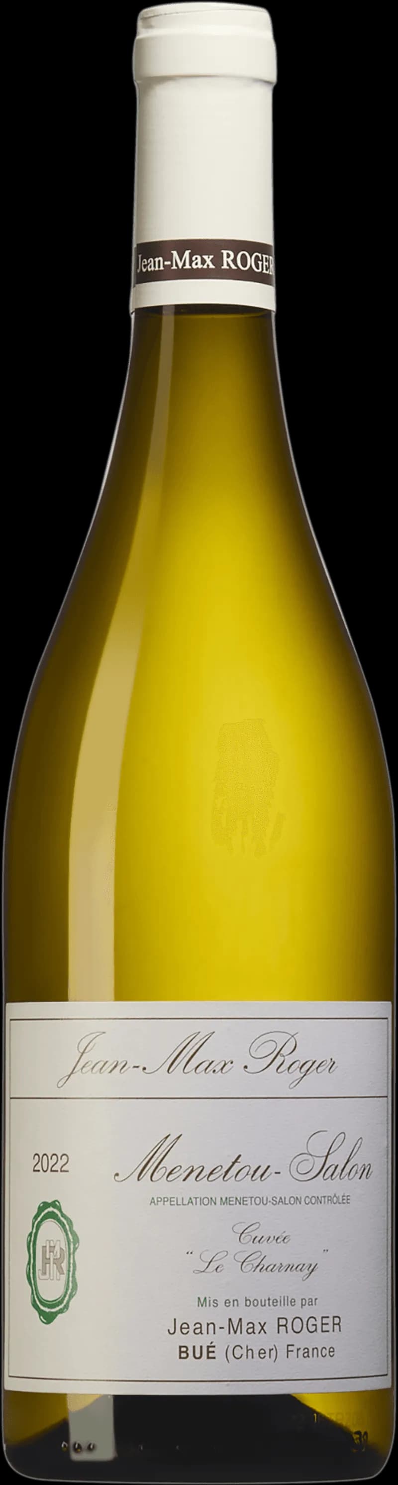 Flaska vitt vin från Domaine Jean-Max Roger på en ljus bakgrund.