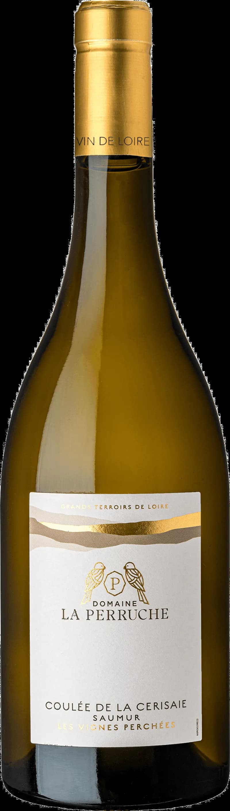 Domaine La Perruche vitt vin i en elegant flaska mot en ljus bakgrund.