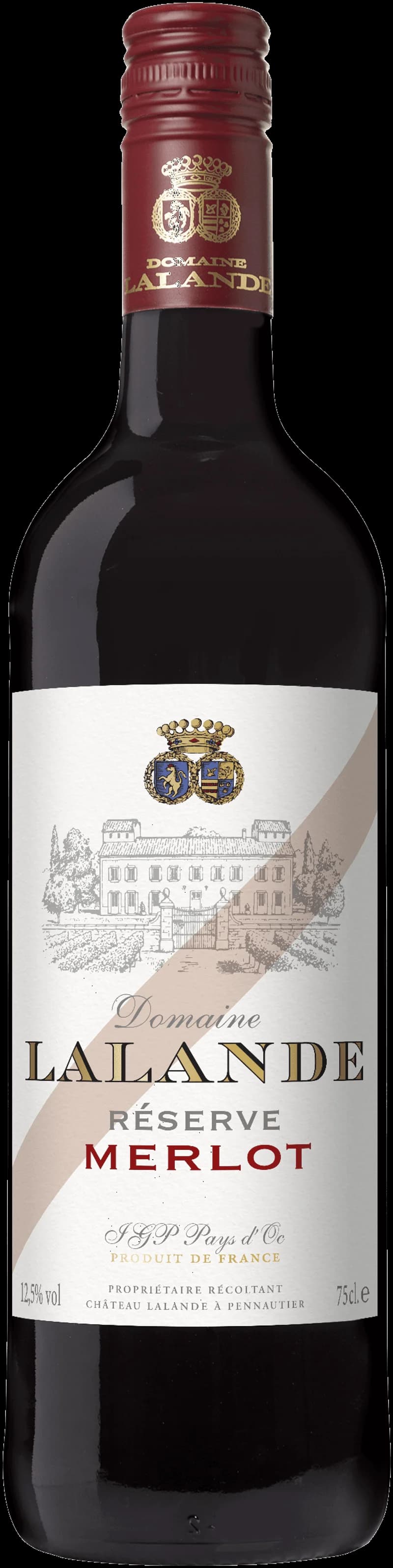 Flaska av Domaine Lalande Réserve rött vin mot neutral bakgrund