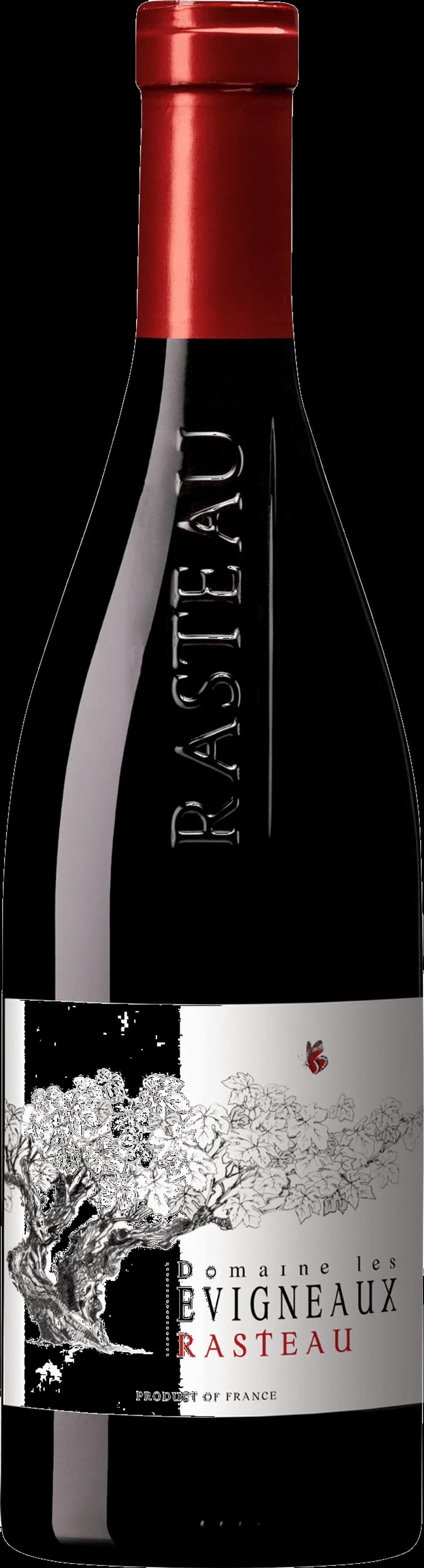 Flaska från Domaine Les Evigneaux rött vin mot neutral bakgrund.