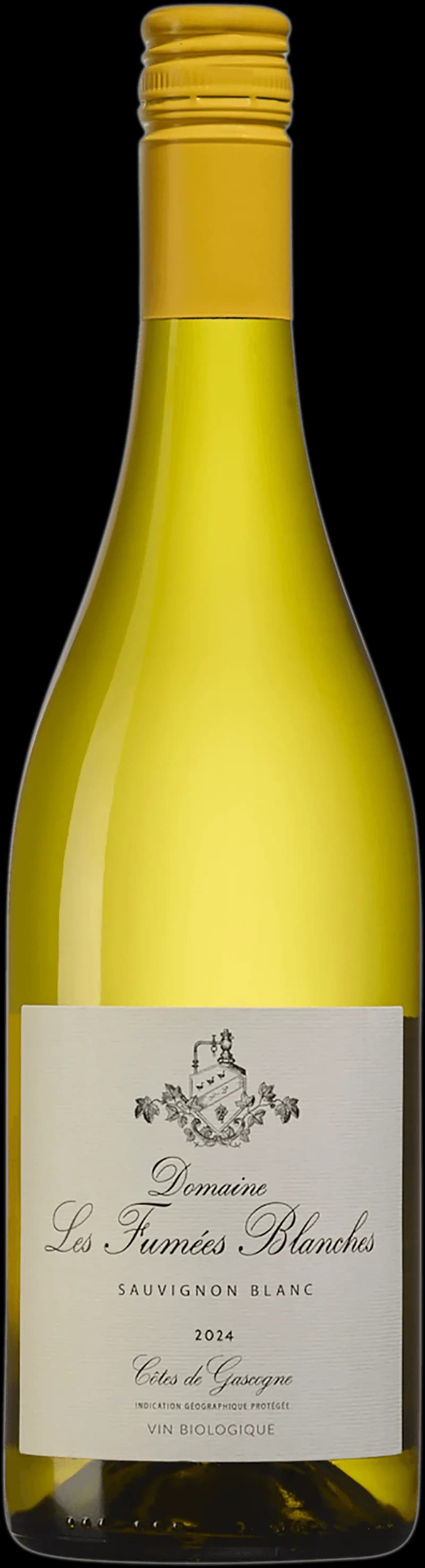 Flaska av Domaine Les Fumées Blanches vitt vin mot en neutral bakgrund.