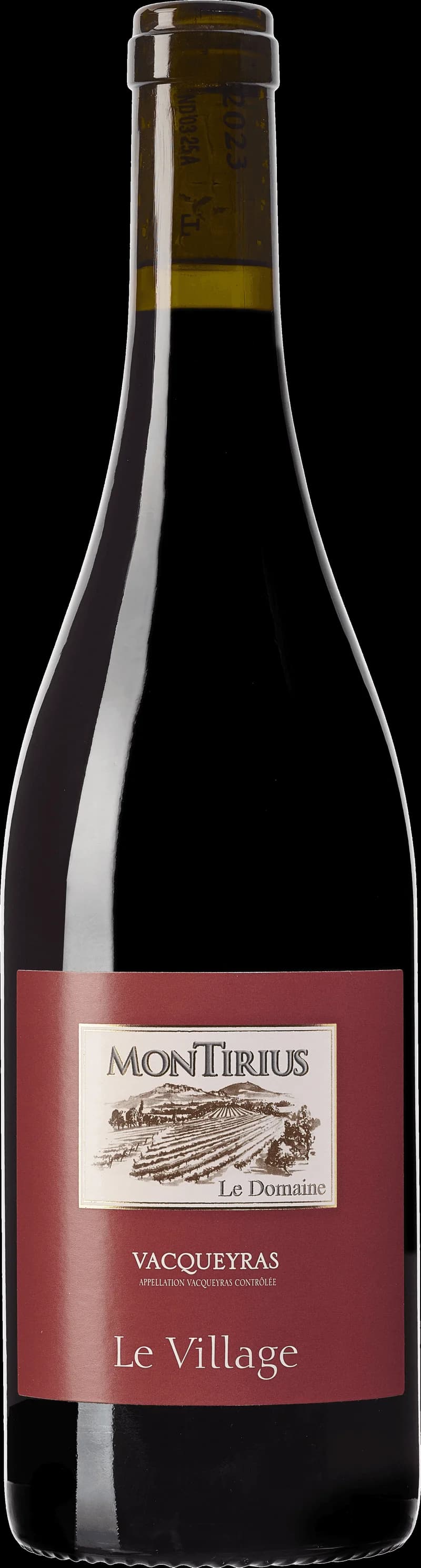 Flaska med Domaine Montirius rött vin mot neutral bakgrund.