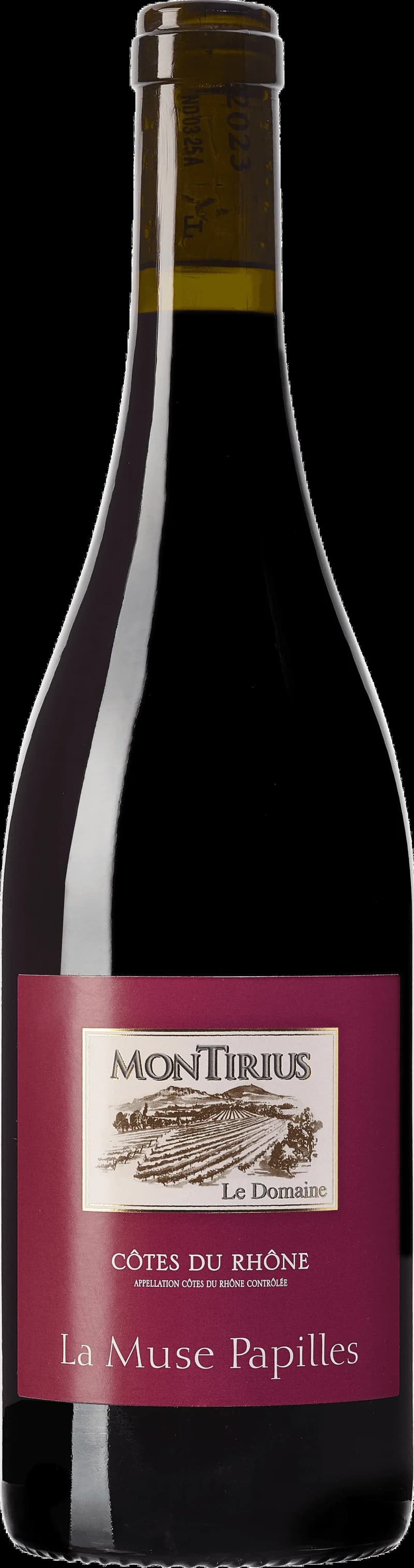 Flaska med Domaine Montirius rött vin mot neutral bakgrund