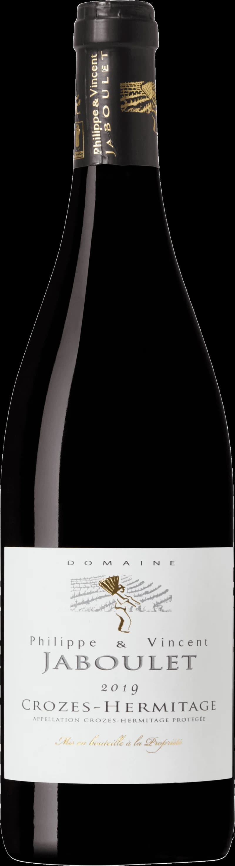 Flaska rött vin från Domaine Philippe Vincent Jaboulet mot en mörk bakgrund.