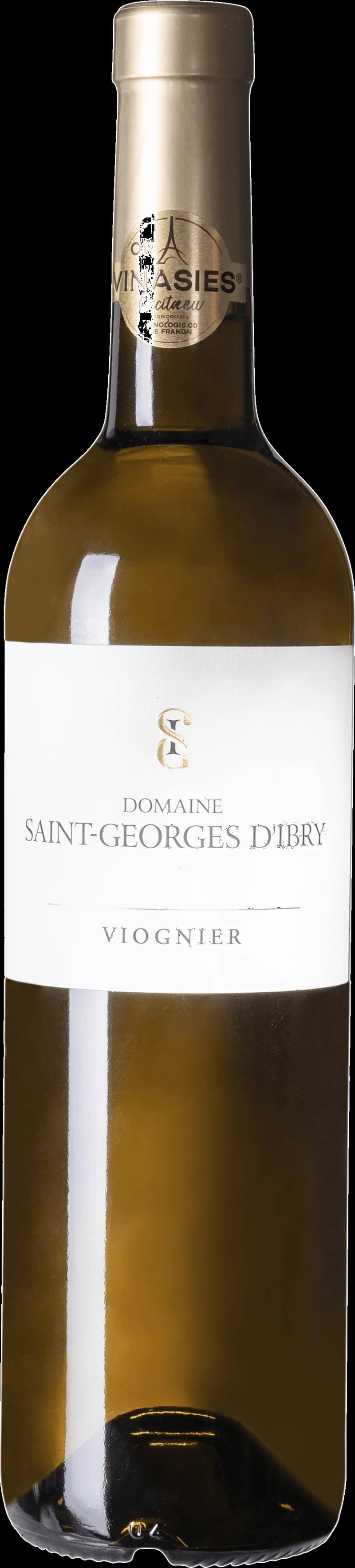 Flaska av Domaine Saint Georges d'Ibry vitt vin mot ljus bakgrund.